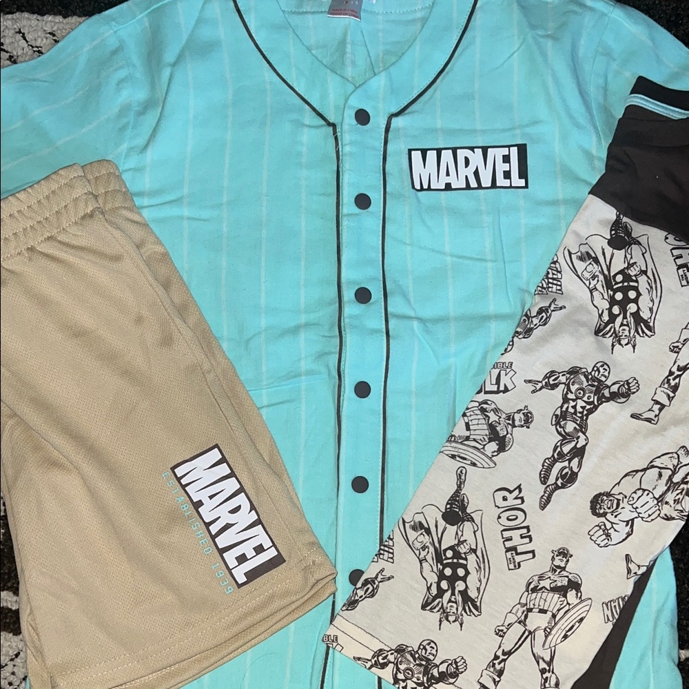 Marvel Aqua and Tan Baseball Jersey Set with Graphic Sleeve